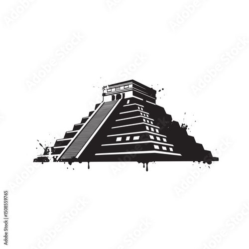 Chichen Itza Icon with Stencil Dripping Paint in Black and White