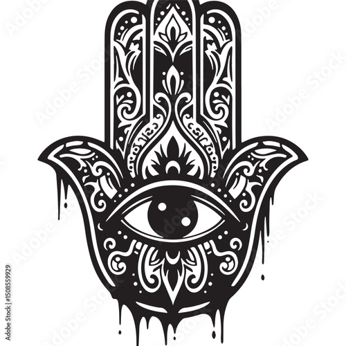 Black and White Hamsa Hand Icon with Dripping Paint for Merchand