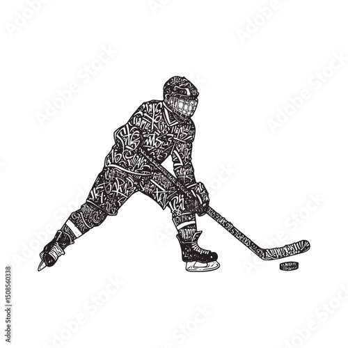 Stylized ice hockey player artwork with urban calligraphy and ty