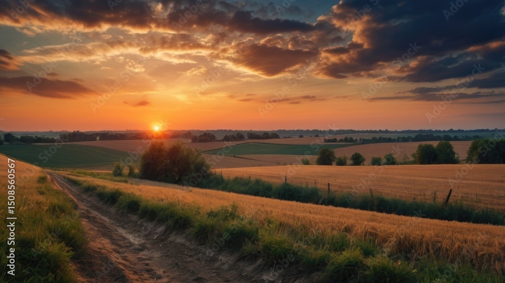 Sunset Over Golden Wheat Fields Rural Landscape Sunset Over Golden Wheat Fields Rural Landscape