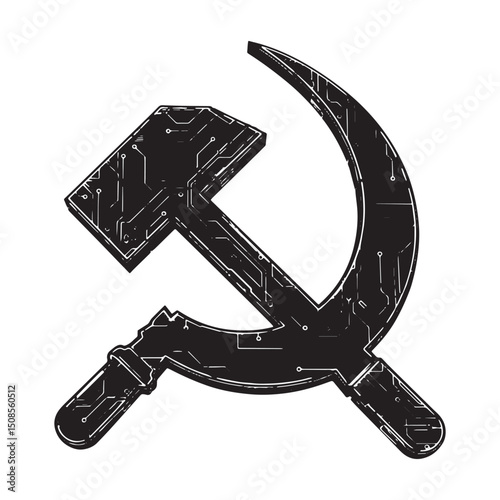 Cyberpunk communist symbol, hammer and sickle with circuit patte