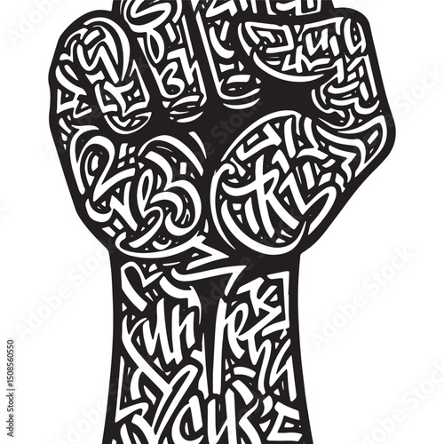Empowering Graffiti Fist, Black and White Vector Illustration fo