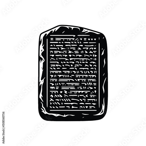 Ancient Stone Tablet Silhouette with Cuneiform Style Inscriptions Black and White Vector Illustration for History or Archaeology Themes