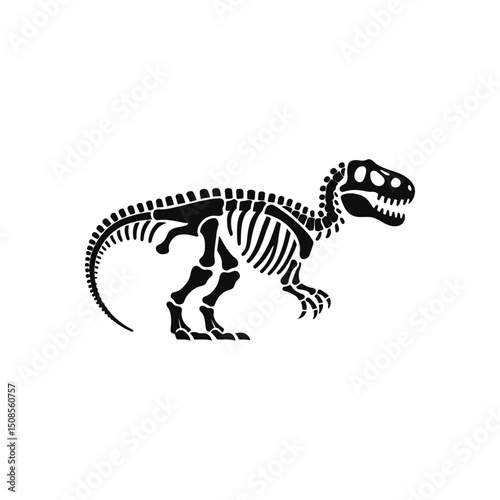 Dinosaur Skeleton Silhouette Vector Illustration Featuring T Rex Fossil Bones in Black and White Style for Paleontology and Prehistoric Science Themes