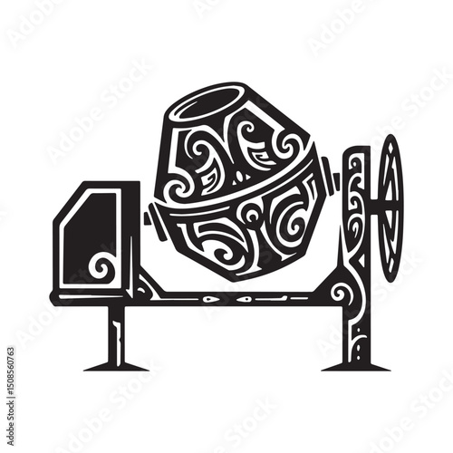 Stylized Concrete Mixer with Tribal Tattoo Design for Apparel Pr