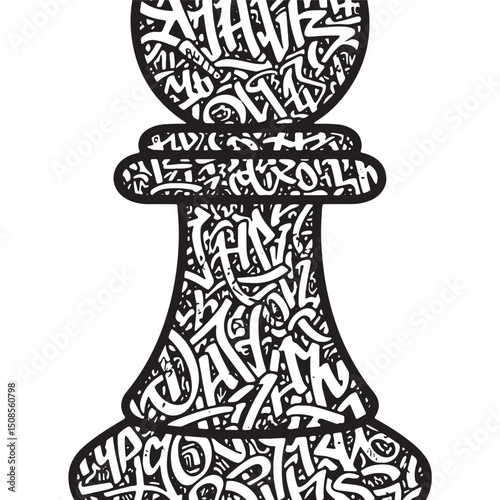 Urban Chess Pawn Illustration with Graffiti, Black and White Vec