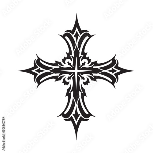 Leviathan Cross icon with tribal tattoo style, black and white v