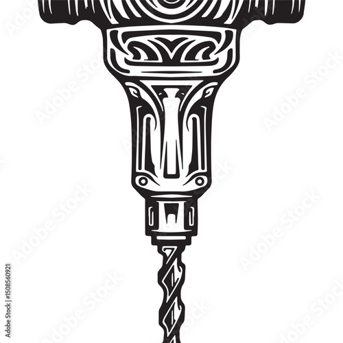Detailed Jackhammer Icon with Tribal Tattoo Style for Apparel Pr