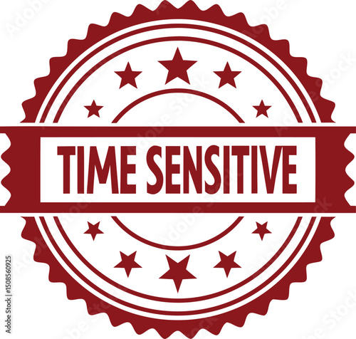 Maroon and White Time Sensitive Round Badge with Stars on a White Background.