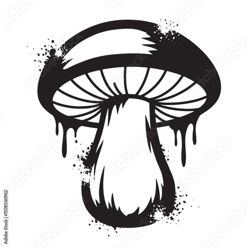 Mushroom Icon with Dripping Paint Effect Black and White Vector