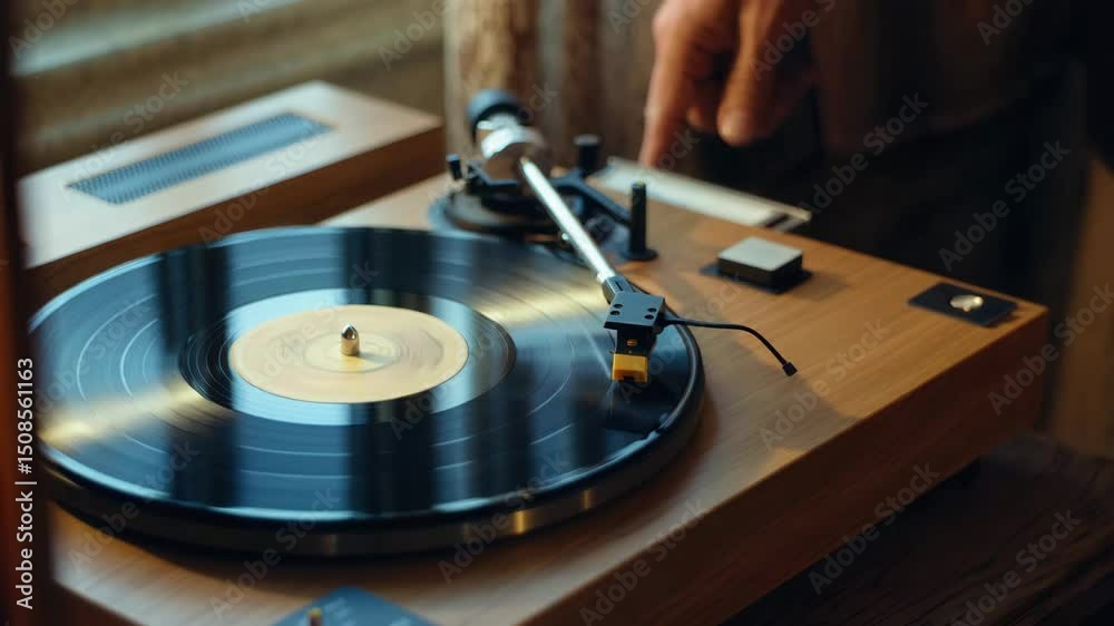Hand starting vinyl record on wooden turntable, retro music player, vintage audio equipment, analog sound, nostalgic atmosphere, home entertainment, classic music listening