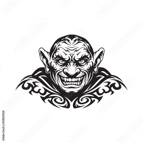 Menacing Troll Vector Graphic with Tribal Tattoo, Perfect for Ap