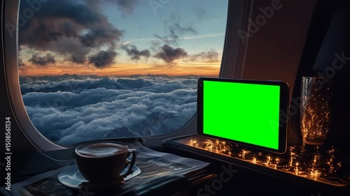 Laptop on airplane tray with scenic sky view and green screen