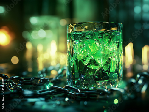 Mysterious Glowing Green Cocktail in a Textured Glass with Dark Chains and Bokeh Lights