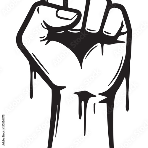 Empowered fist with dripping paint in black and white for appare