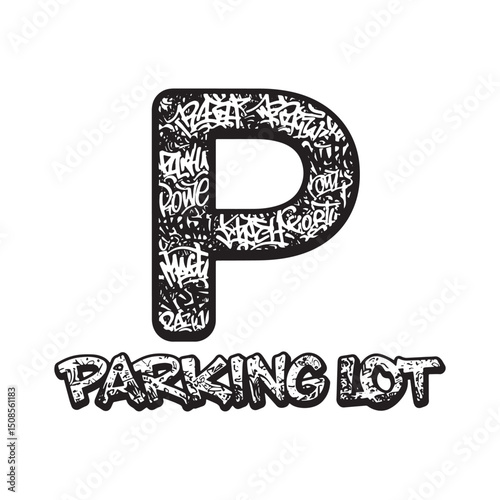 Parking Lot Icon with Graffiti Art Black and White Vector Illust