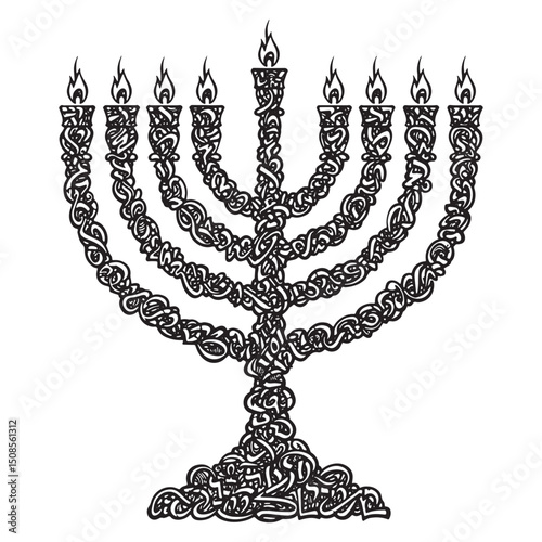 Elegant menorah icon with swirling patterns, monochrome vector i
