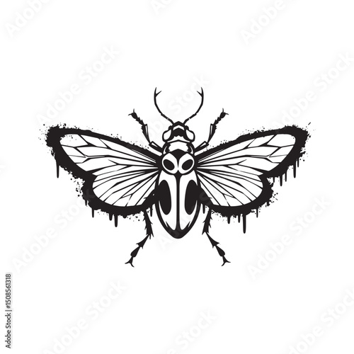 Detailed insect stencil with paint drips for edgy apparel design