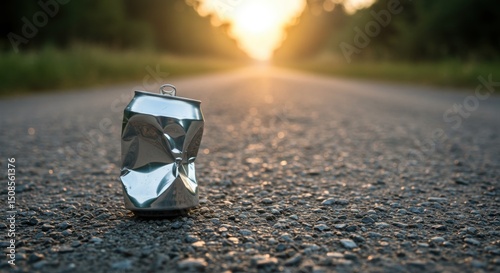 Crushed aluminum beer can resting on a rural road during sunset, surrounded by greenery, symbolizing waste and environmental issues