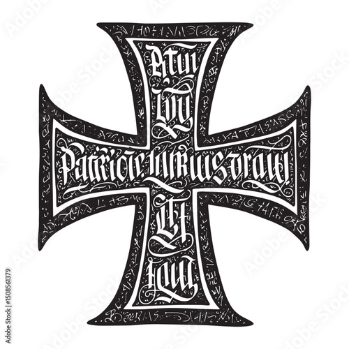 Intricate iron cross vector with stylized text, apparel print de