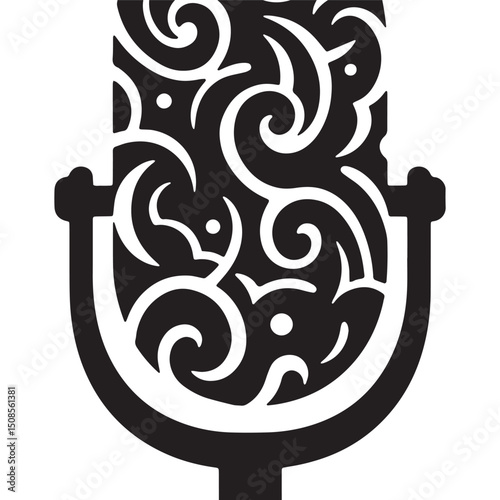 Voice Assistant Icon with Tribal Tattoo, Black and White Vector