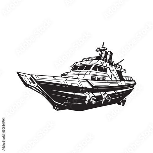 Cyberpunk Style Boat Icon Black and White Vector for Merchandise