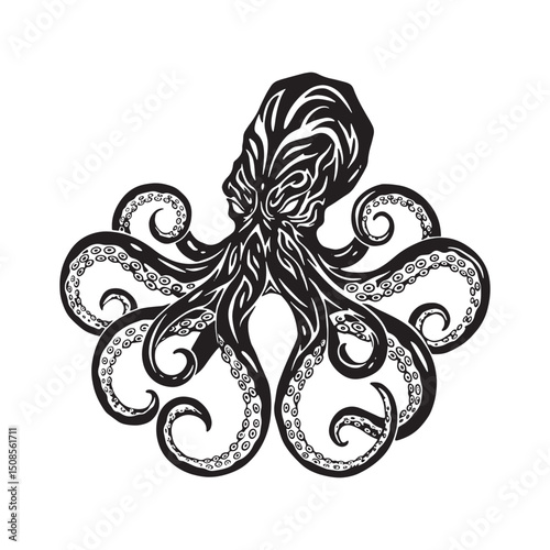 Striking Kraken Vector Art, Black and White Tribal Tattoo Design