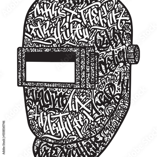 Welding Mask Icon with Graffiti Tags Black and White Vector Merc