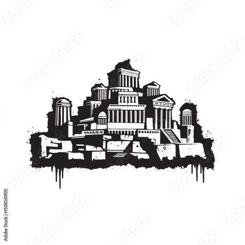 Monochrome Vector Illustration of the Mythical Lost City of Atla