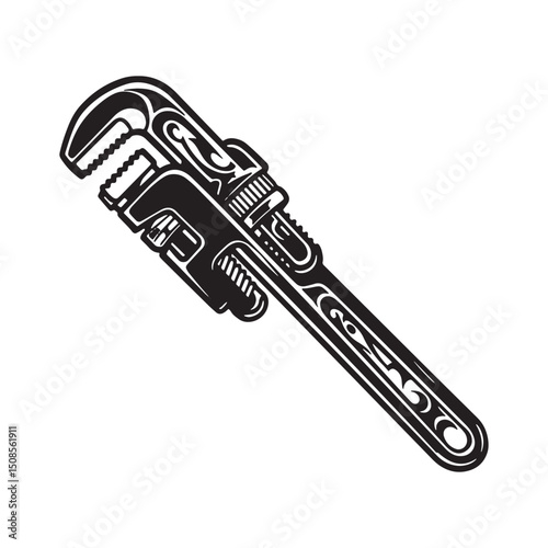 Tribal Tattoo Style Pipe Wrench Icon Black and White Vector Art