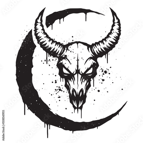 Vector Illustration of a Horned Skull with Dripping Paint Effect