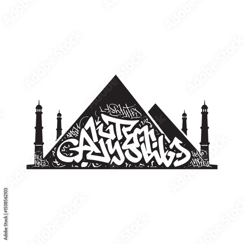 Stylized Black and White Vector of the Taj Mahal with Graffiti A