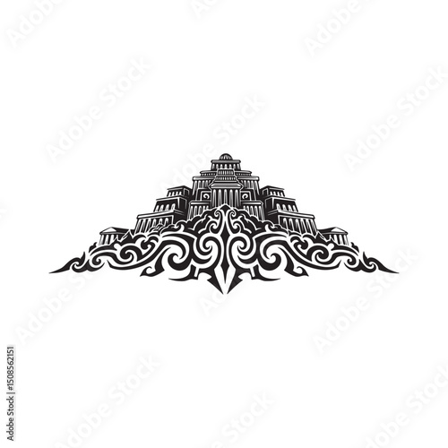 Mystical Atlantis Illustration in Tribal Tattoo Style for Mercha