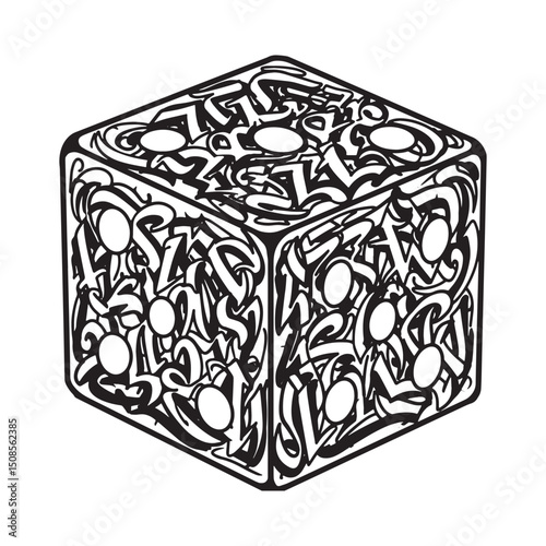 Stylized dice icon with a graffiti-inspired design in stark blac