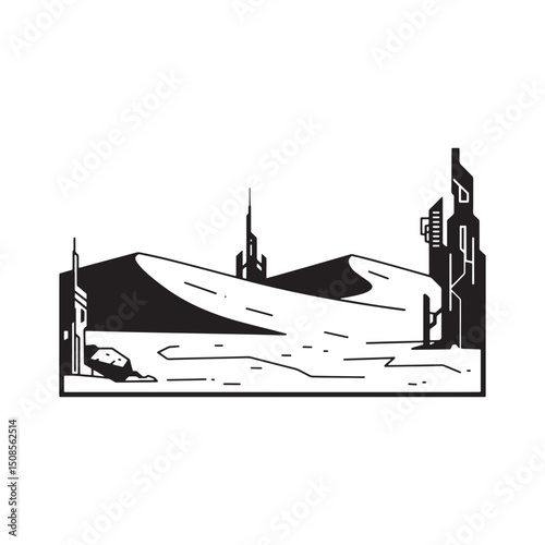 Cyberpunk Desert Landscape Vector Icon for Merchandise and Appar