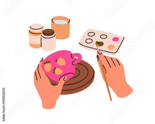 Ceramics painting. Hands with paint brush, decorating, drawing on cup. Pottery art, DIY craft, mug decoration. Creative crockery design, handwork. Flat vector illustration isolated on white background