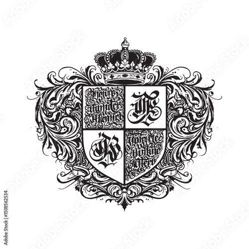 Intricate Noble Crest Icon with Tribal Tattoo Style and Calligra