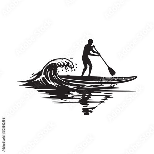 Cyberpunk Paddleboarding Silhouette, Vector Icon for Modern Appa