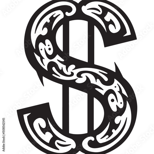Stylized Dollar Sign Icon with Tribal Tattoo Design Vector Print