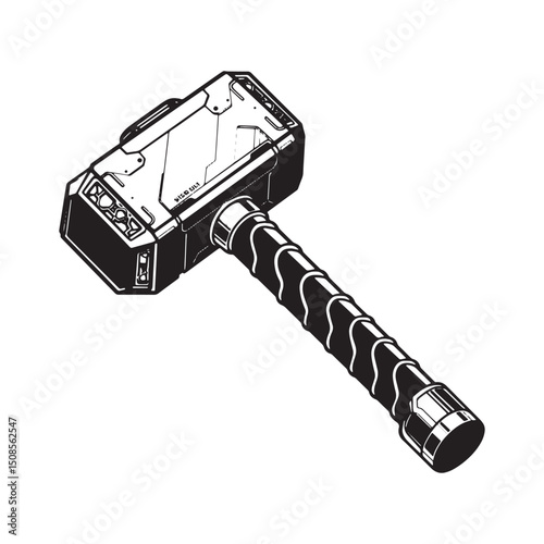 Cyberpunk Thor's Hammer Icon, Black and White Vector Design for
