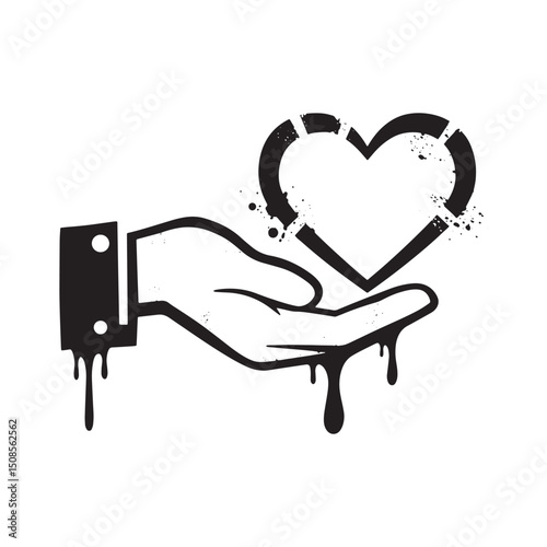 Heart in hand dripping paint vector graphic for apparel prints