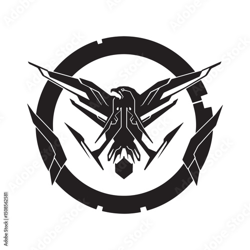 Futuristic Cyberpunk Eagle Emblem Black and White Vector Illustr