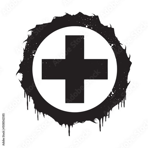 Red Cross Icon with Stencil Dripping Paint Effect for Merchandis