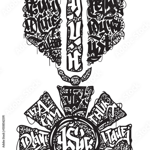 Urban edge stylized military medal graphic artwork, black and wh
