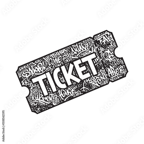 Stylized airline ticket icon with graffiti art, black and white