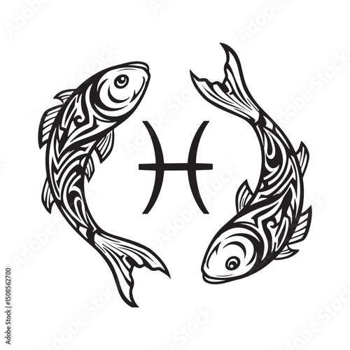 Pisces zodiac sign in tribal tattoo style for merchandise appare