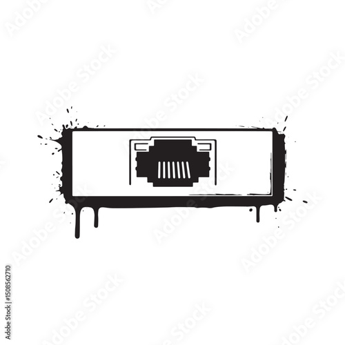 Ethernet Port Connection Icon with Stencil Paint Drips Black and