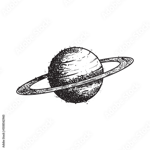 Stylized Saturn Icon with Graffiti Art, Black and White Vector P