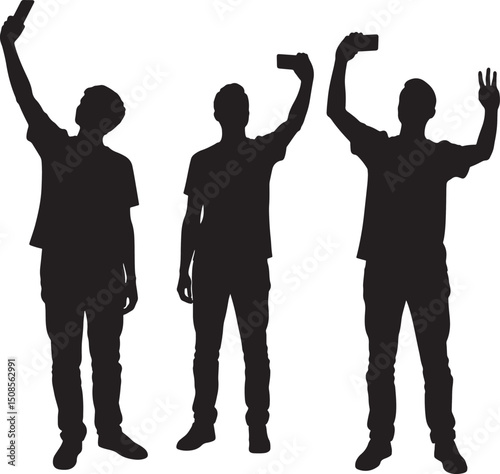 People taking selfies silhouette vector illustration