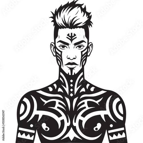 Striking nonbinary figure adorned with intricate tribal tattoos